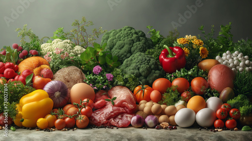 A variety of meats  fresh fruits and vegetables. Useful food