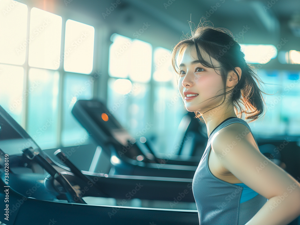ランニングマシンと笑顔の女性 ランニングマシンと笑顔の女性