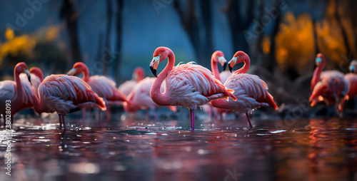 group of flamingos, Fascinating Flamingo Flock in Lagoon Showcase the vibrant colors of a flock of flamingos as they gather in a shallow lagoon, their pink feathers reflecting in the still waters as t © Yasir