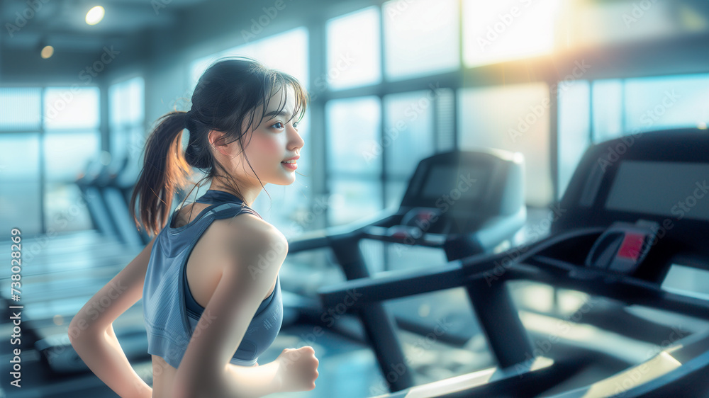 ランニングマシンと笑顔の女性 ランニングマシンと笑顔の女性