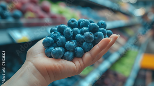 Wallpaper Mural Hand holding blueberry in supermarket, blur background. buying fruit in a store Torontodigital.ca