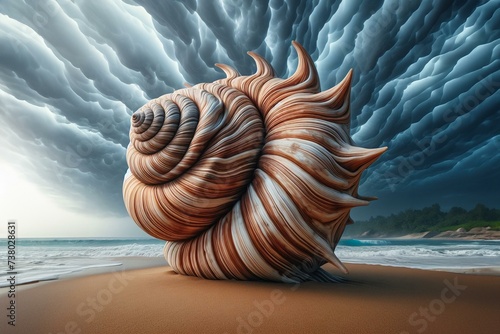 Large snail shell with strange structure on the beach, wide angle view photo