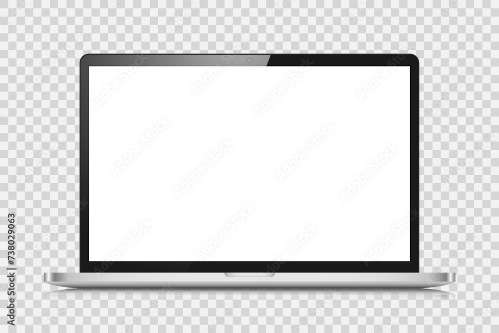 A realistic laptop with a dark silver case and a white screen. The layout of a modern laptop with a reflection on a transparent background. Vector illustration. A realistic laptop with a dark silver case and a white screen. The layout of a modern laptop with a reflection on a transparent background. Vector illustration.