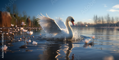 swans on the lake, Graceful Swan Gliding Create a serene scene with a graceful swan gliding across the tranquil surface of a shimmering lake, its elegant form reflected in the calm waters super realis