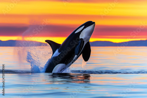 Orca Breaching Against the Sunset Sky. A Magnificent Sight. © cwa