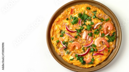 Above view of omelette with vegetable in ceramic plate isolated on white background. Omelet with onion it's egg fry popular traditional Thai Asian style food.