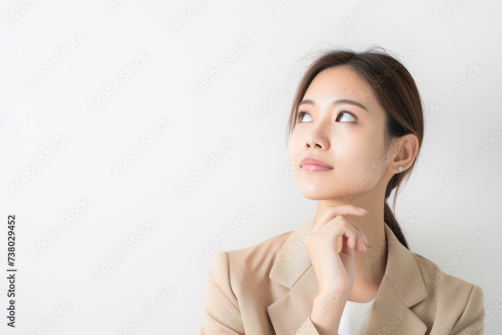考えているの日本人の女性会社員のポートレート(白背景・サラリーマン・スーツ・若手・新人・新入社員) 考えているの日本人の女性会社員のポートレート(白背景・サラリーマン・スーツ・若手・新人・新入社員)