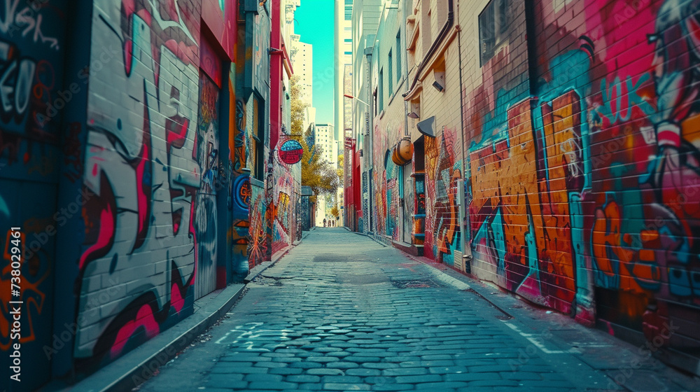 Naklejka premium An alleyway adorned with street art