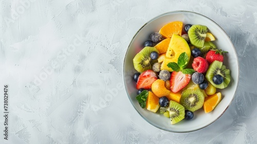 Bowl of fresh exotic fruit salad on white summer background Healthy breakfast Copy space Top view