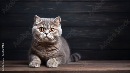 Scottish Fold cat on a dark background, copy space, realistic - generative ai