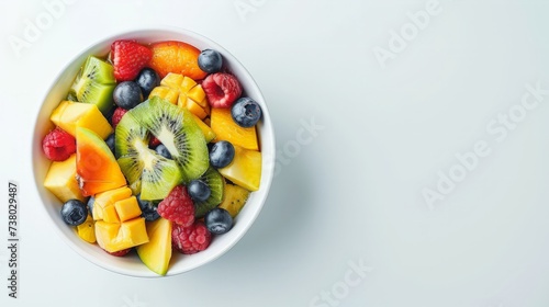Bowl of fresh exotic fruit salad on white summer background Healthy breakfast Copy space Top view photo