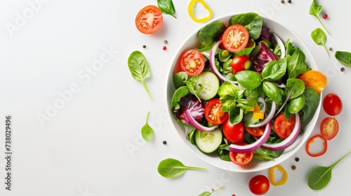 Bowl with delicious vegetable salad on white background, top view