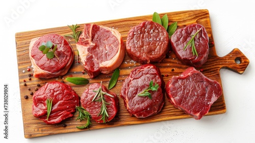 Different raw beef steaks on the wooden board on white background. Top view.