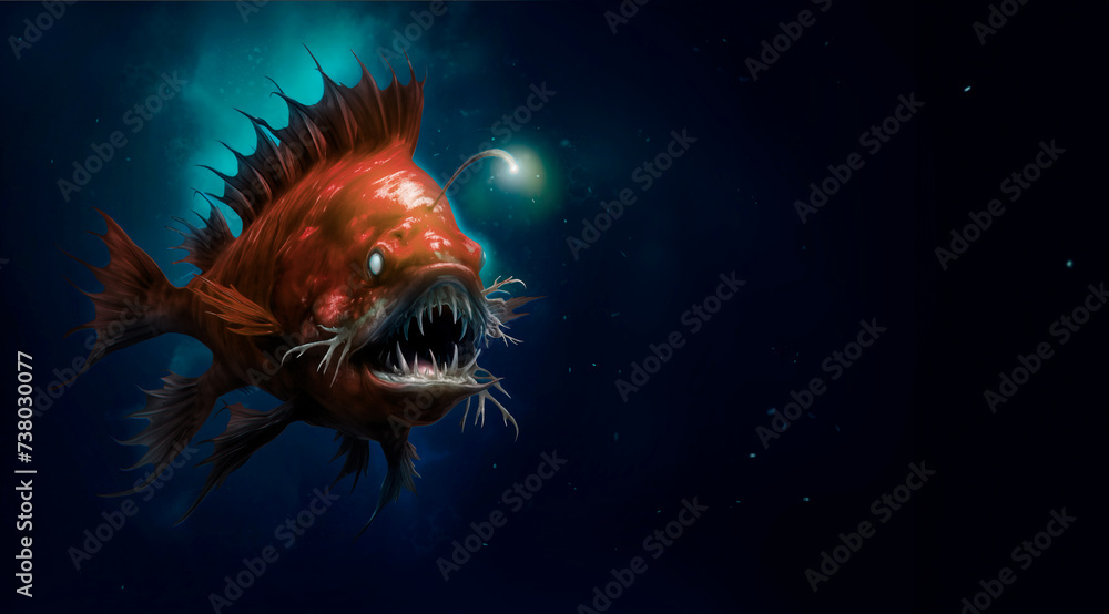 Fototapeta premium Angler fish on background of dark blue water realistic illustration art. Scary deep-sea fish predator In the depths of the ocean. Place for text.