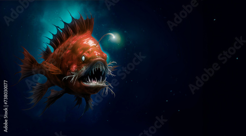 Angler fish on background of dark blue water realistic illustration art. Scary deep-sea fish predator In the depths of the ocean. Place for text. photo