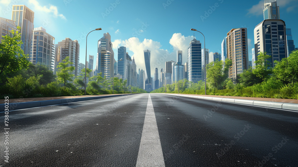 An asphalt road leads into the heart of the city An asphalt road leads into the heart of the city