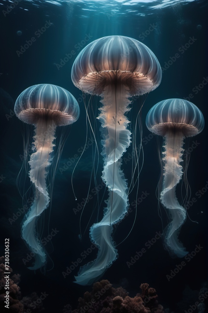 Fantastic jellyfish in the deep dark waters of the ocean, sea Fantastic jellyfish in the deep dark waters of the ocean, sea