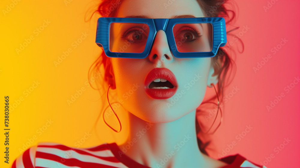 Startled Young Woman with Vibrant 3D Glasses on Colorful Background