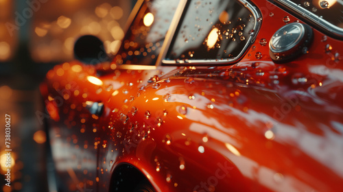 Close-Up of Raindrops on a Glossy Red Car Surface photo