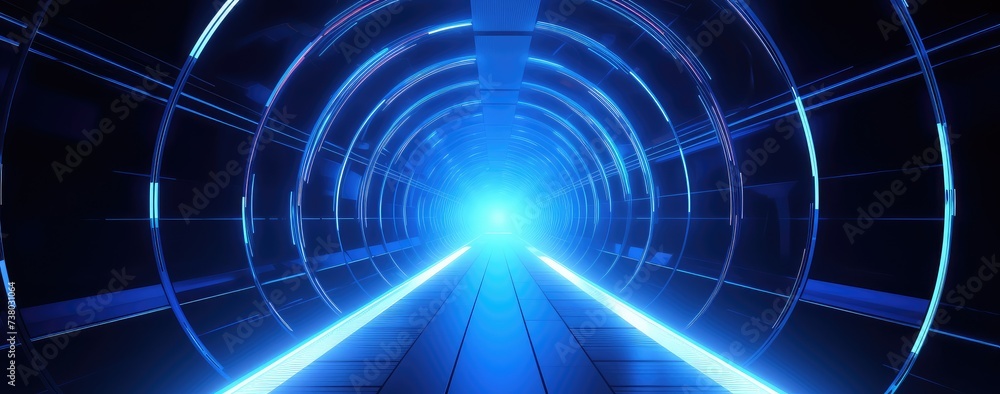 Futuristic Blue Sci-Fi Tunnel with Light Ahead