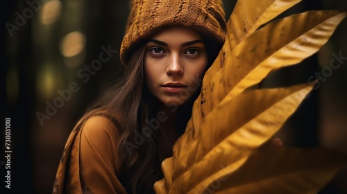 Portrait of woman with big brown dry tropical leaf and dark nature background. Outdoor leisure activity and feeling connection with forest. Environment lifestyle. People in the woods. photo