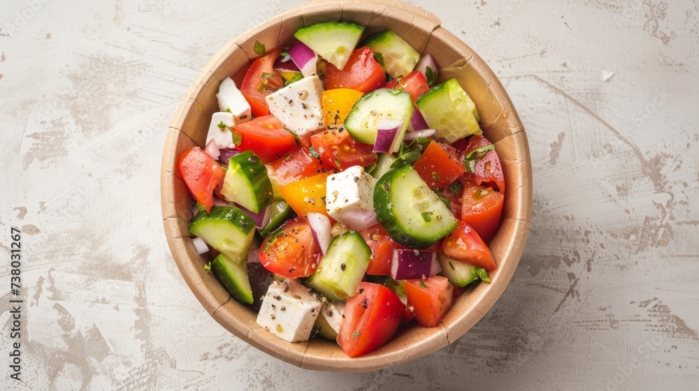 Greek salad in paper bowl for take away, isolated on white background, top view Greek salad in paper bowl for take away, isolated on white background, top view