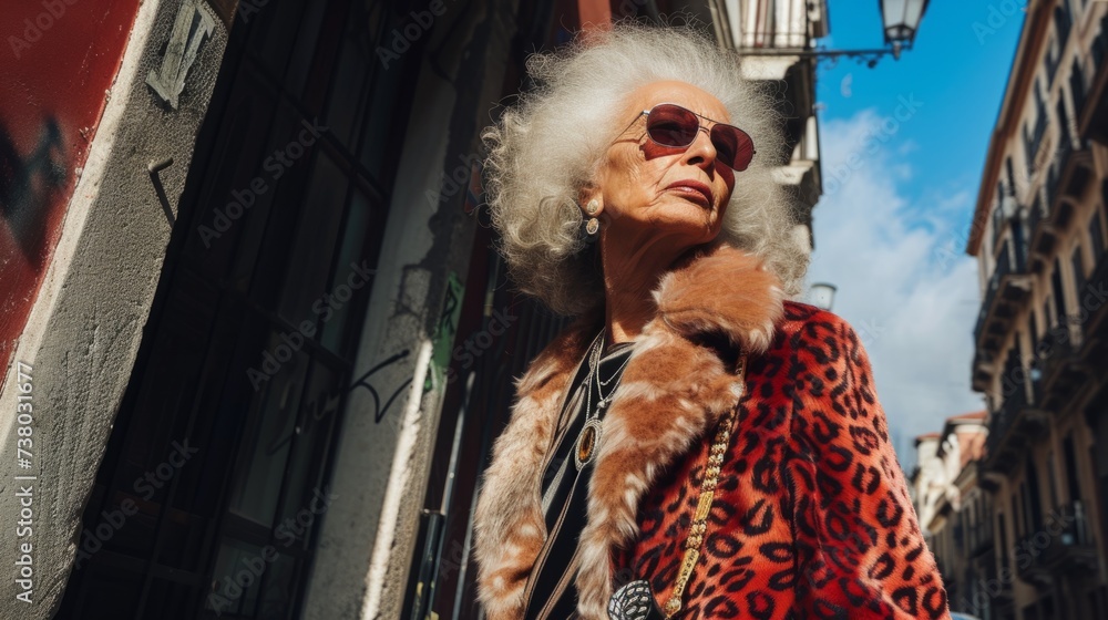 A woman with white hair wearing a leopard print coat