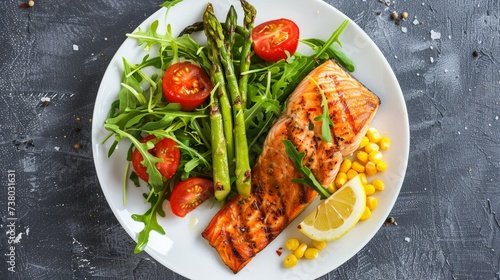 Grilled salmon fish steak, asparagus, tomato and corn salad on plate. Healthy dish for lunch. photo