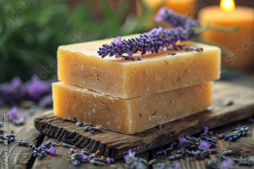 Handmade soap lies on a table with lavender flowers, a bouquet of lavender on a wooden table