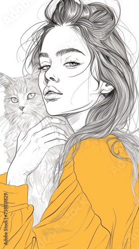 A drawing of a woman holding a cat