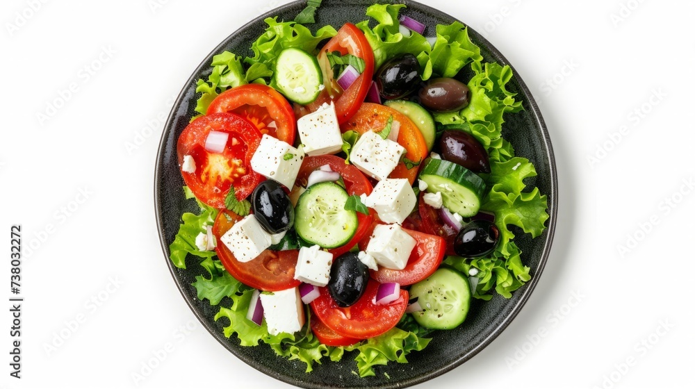 Plate of fresh salad with vegetables, feta cheese and olives isolated on white background. Plate of fresh salad with vegetables, feta cheese and olives isolated on white background.