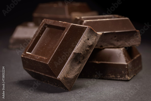 Broken chocolate. Chocolate pieces. Chocolate pieces on dark background.