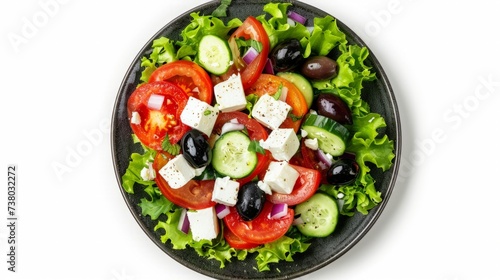 Plate of fresh salad with vegetables, feta cheese and olives isolated on white background.