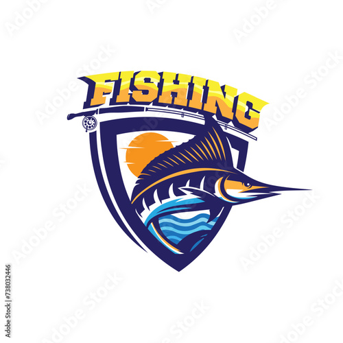 marlin fishing badge, fishing rods vintage logo vector illustration