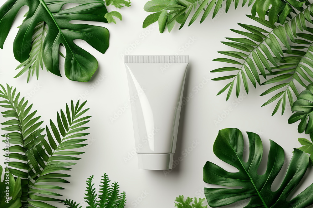 Cream tube mockup, cosmetic beauty product mockup, white package for moisturizer mask, on white background with green leaf. blank space for text or design.