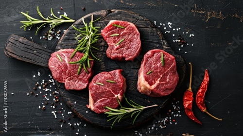 Raw beef fillet steaks with rosemary on black wooden board top view photo