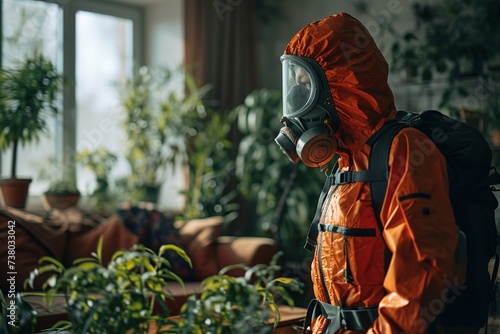 Exterminator in an orange protective suit and gas mask in a dirty room full of plants © Маргарита Вайс