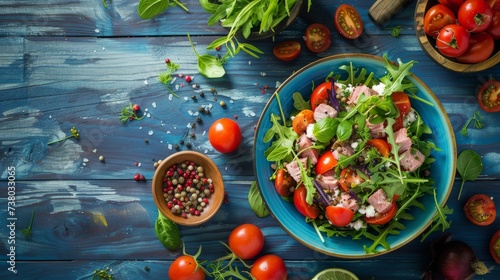 Salad with vegetables and tuna on rustic blue wooden table. Top view.
