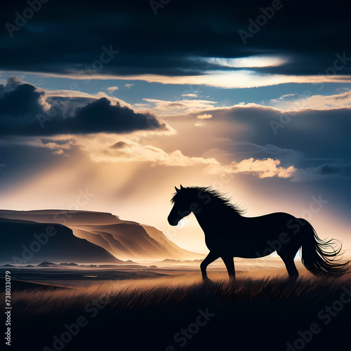 a stunning silhouette image of a horse against the backdrop of a sweeping landscape, capturing the grace and power of this magnificent creature in its natural environment, generative ai