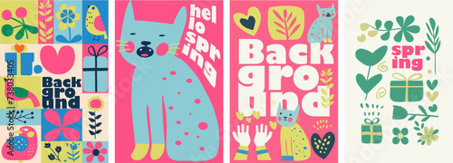 Hello spring. Collection of four naive style vector illustrations, this set bursts with the freshness of spring. It features stylized birds, vibrant flowers, playful hearts.