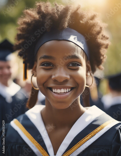college graduation portrait of young Afro American girl with sincere smile, celebrations in the background 