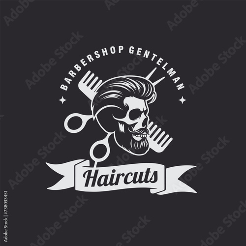 skull barbershop haircuts vintage logo vector graphic illustration
