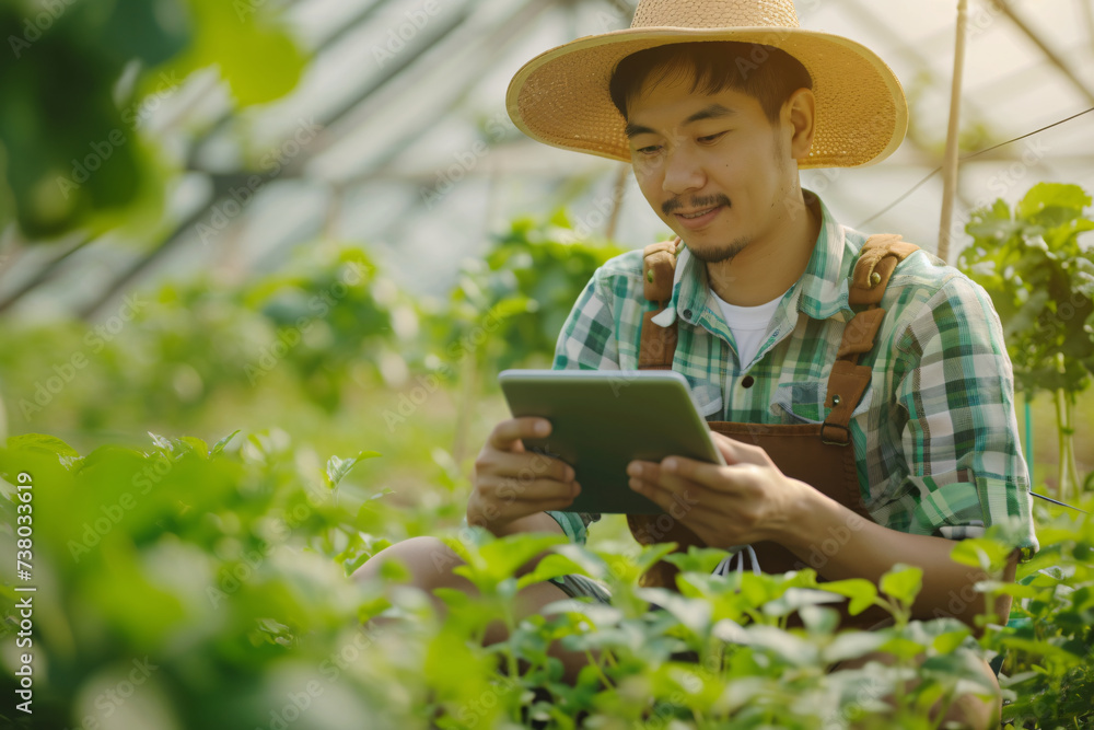 Young asian male farmer using digital tablet while working in greenhouse.
