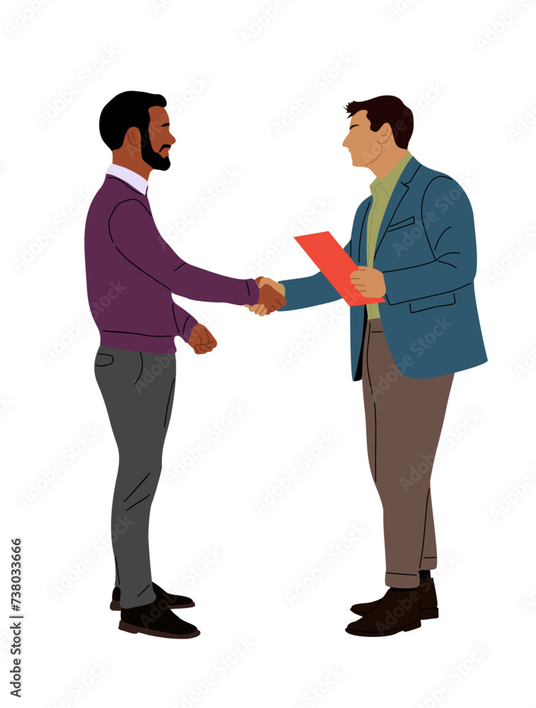 Business men greeting with handshake. Happy partners, office colleagues shaking hands with respect at work. Deal, agreement concept. Flat vector realistic illustration on transparent background.