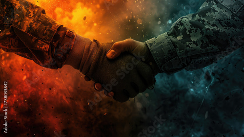 close-up, military men shake hands, one in a glove, handshake, against the background of fire, explosions