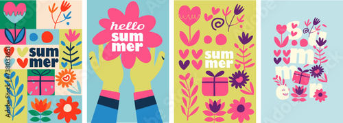 Hello spring. Vector illustrations in a naive art style depicting the vibrant spirit of summer. These illustrations feature a patchwork of playful patterns, flowers, hearts, and gifts.