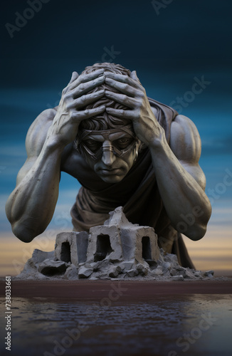 Cyclops in Greek-Roman mythology Statue failure looking the collapsed buildings hands on his head
