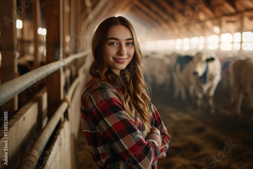 Portrait of a beautiful young woman standing in a stable at the animal farm © Régis Cardoso
