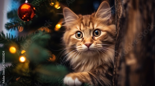 the fluffy cat climbed inside the Christmas tree and sat on the branch