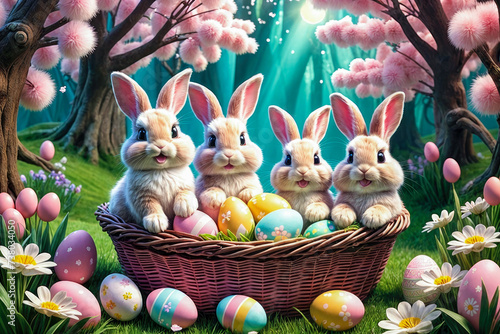 A basket full of Easter eggs with four bunnies sitting on top. Mysterious spring forest